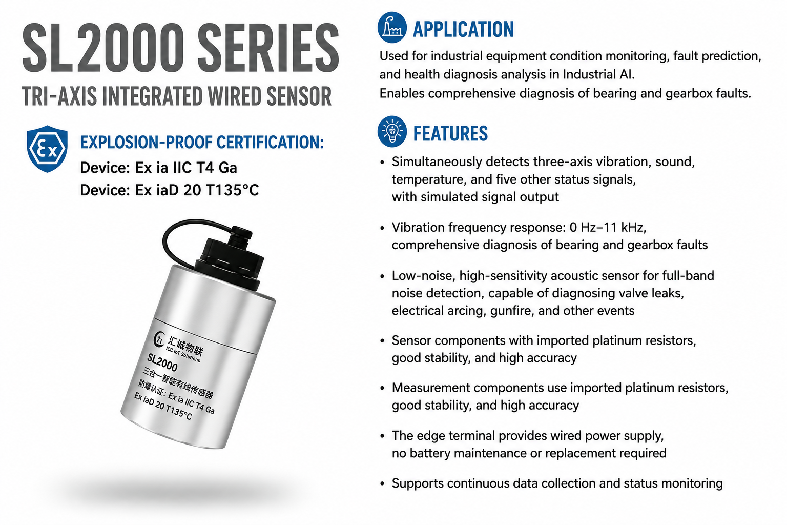 SL2000 three-in-one smart wired sensor for vibration and temperature monitoring